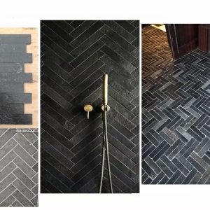 Herringbone black limestone tiles